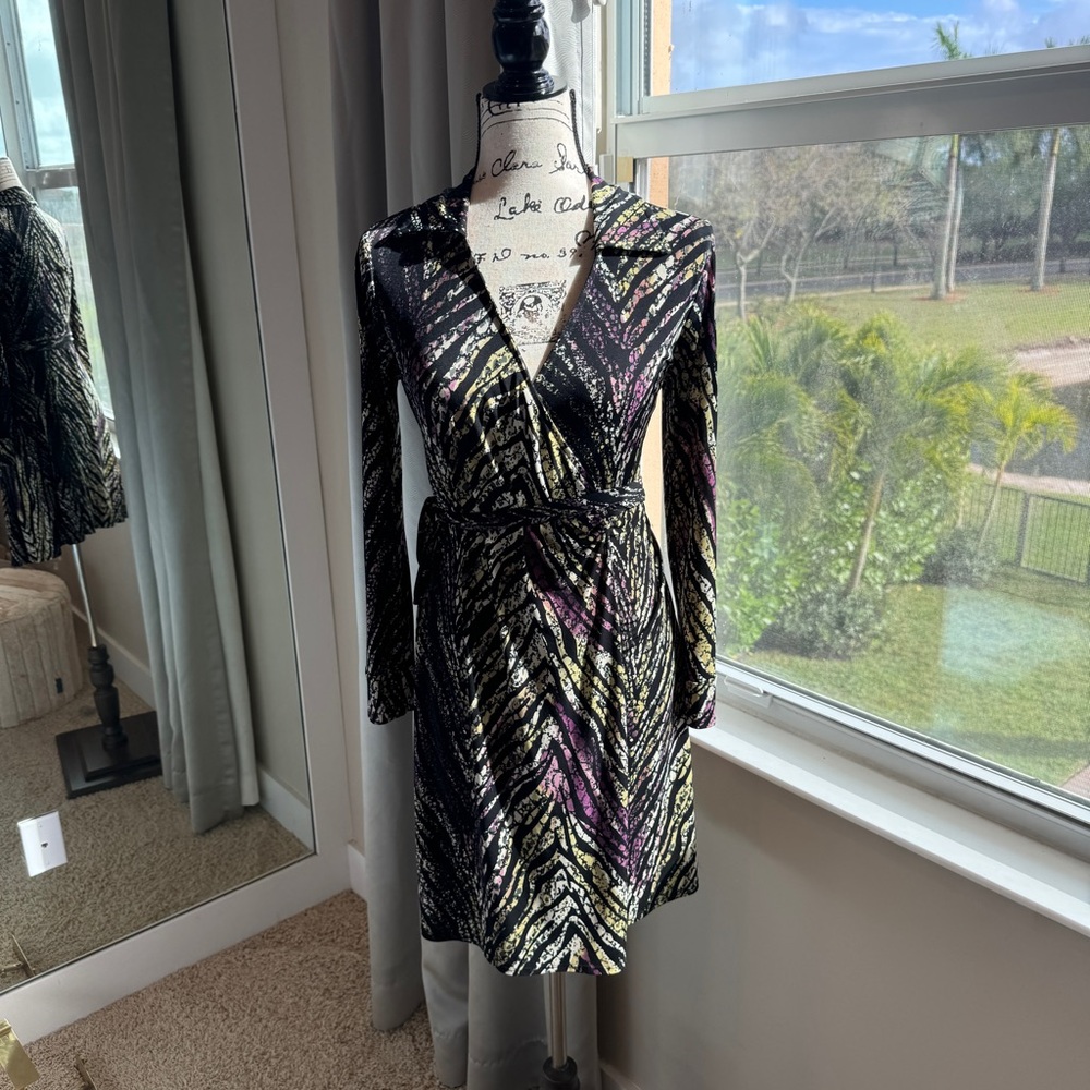 Stretch Wrap Dress | Zebra Print | V-Neck | Long Sleeve | Multicolor XS